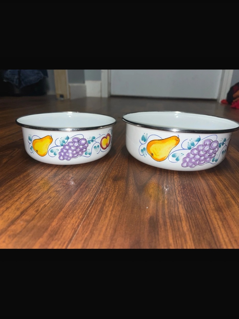 White Enamel Fruit Pattern Serving Bowls - Set of 2 vintage